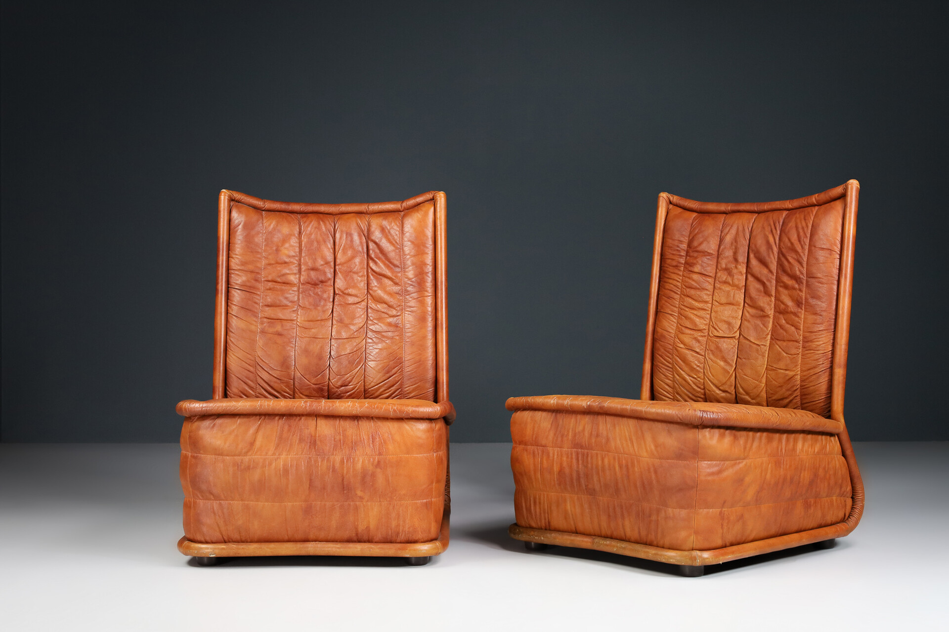 Cognac Leather Lounge Chairs, Italy 1970 Mid-20th century