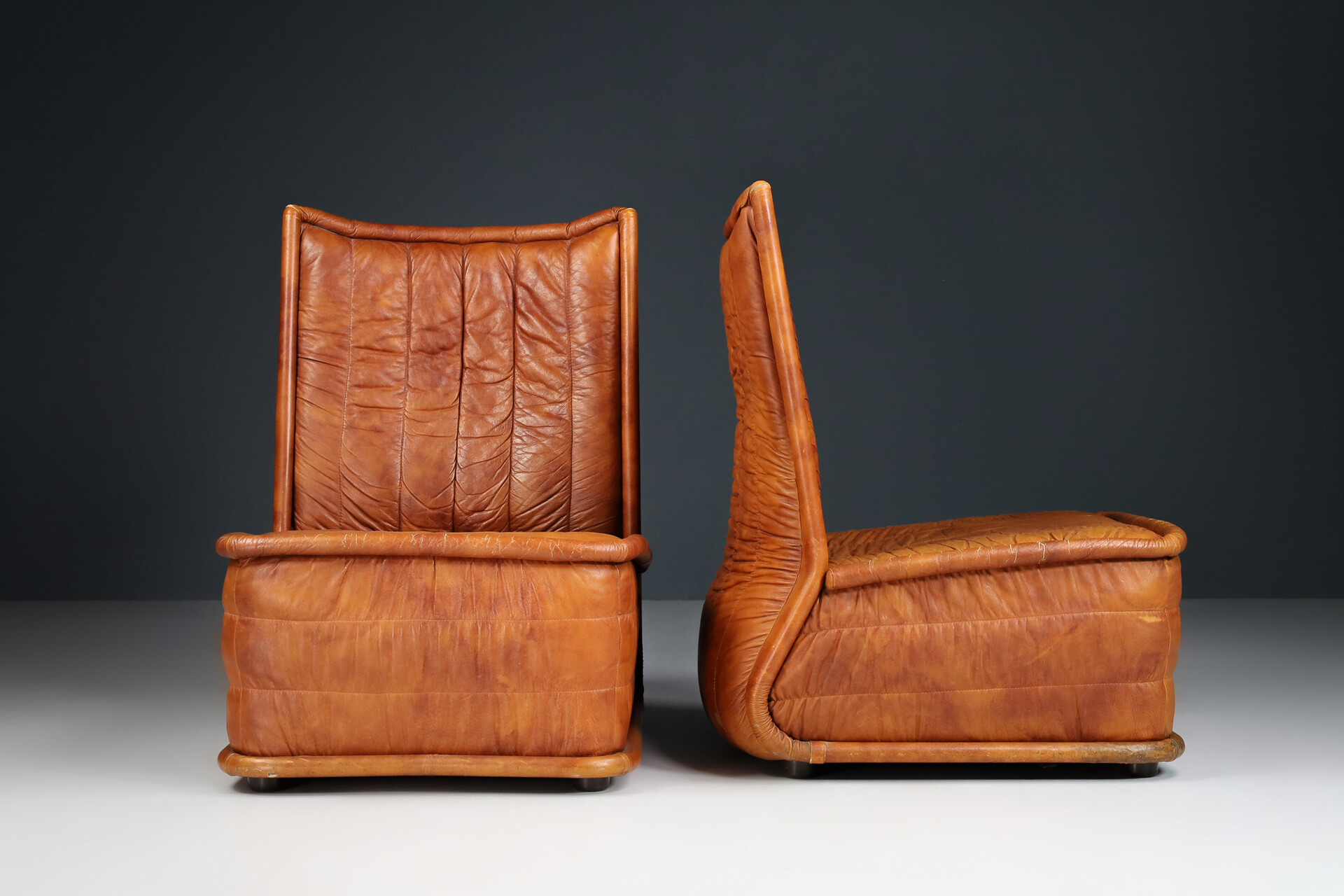Cognac Leather Lounge Chairs, Italy 1970 Mid-20th century