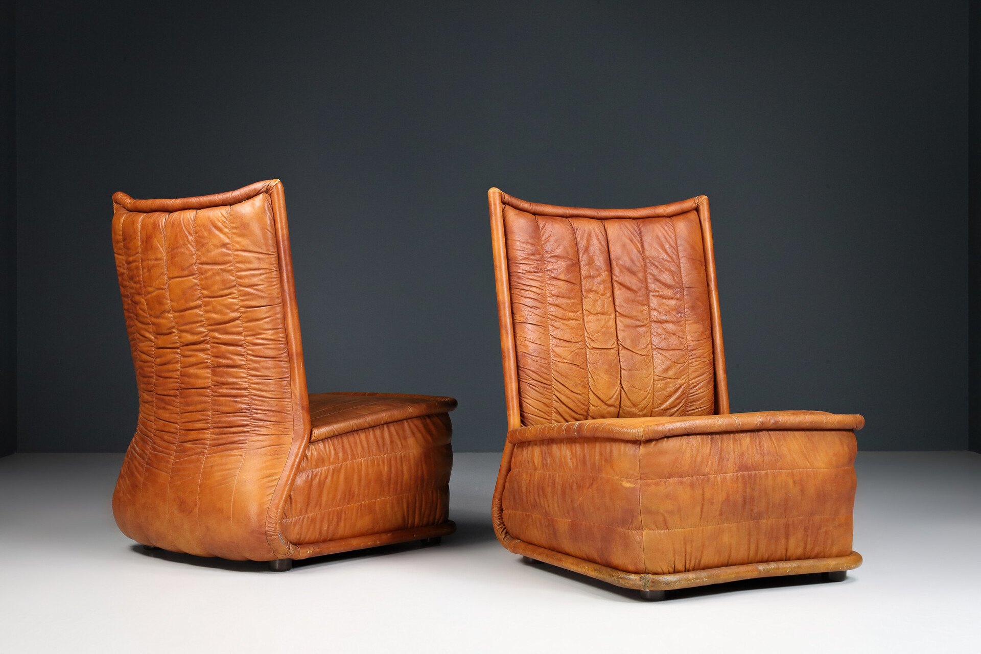 Cognac Leather Lounge Chairs, Italy 1970 Mid-20th century
