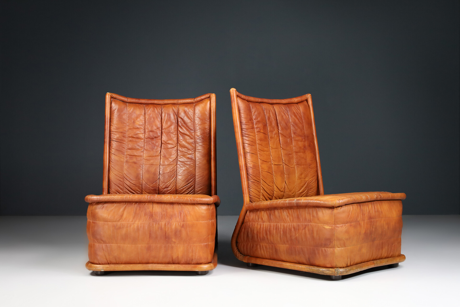 Cognac Leather Lounge Chairs, Italy 1970 Mid-20th century