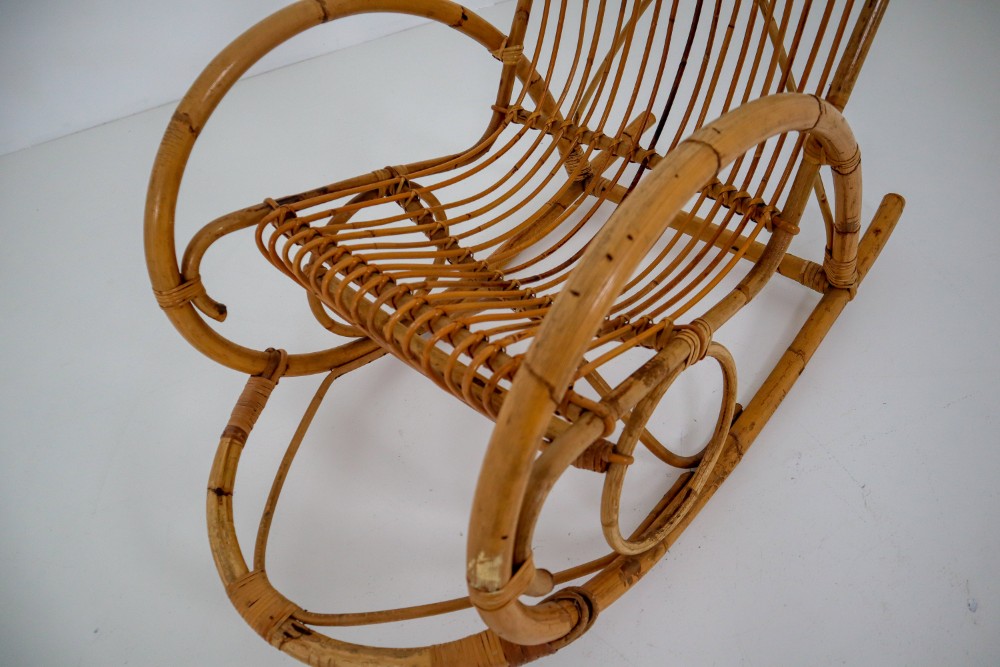 Country-farm house Bambo,Wicker Midcentury French Wicker Bamboo Rocking Chair, 1960s Mid-20th century