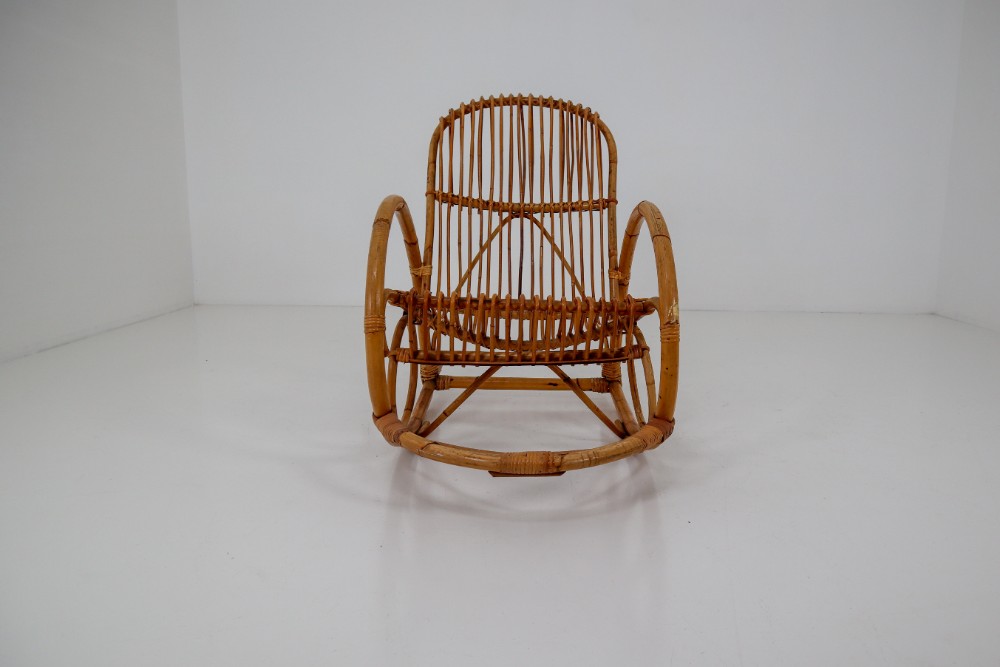 Country-farm house Bambo,Wicker Midcentury French Wicker Bamboo Rocking Chair, 1960s Mid-20th century