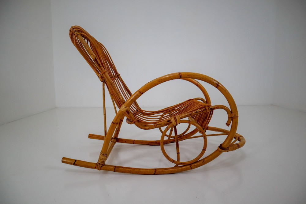 Country-farm house Bambo,Wicker Midcentury French Wicker Bamboo Rocking Chair, 1960s Mid-20th century