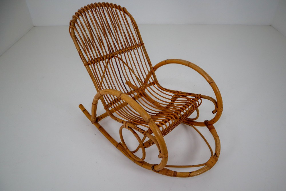Country-farm house Bambo,Wicker Midcentury French Wicker Bamboo Rocking Chair, 1960s Mid-20th century