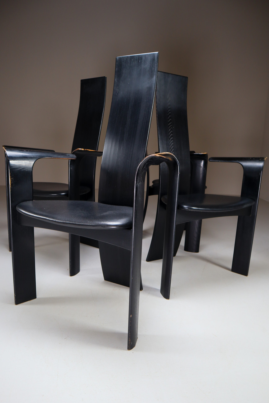 Danish Ebonized Highback Arm Chairs by Bob og Dries Van Den Bergh for Tranekær Mobler. Mid-20th century