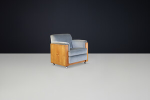 Dutch Art Deco Armchair with Inlay Motif in Oak and Velvet, 1930s Mid-20th century