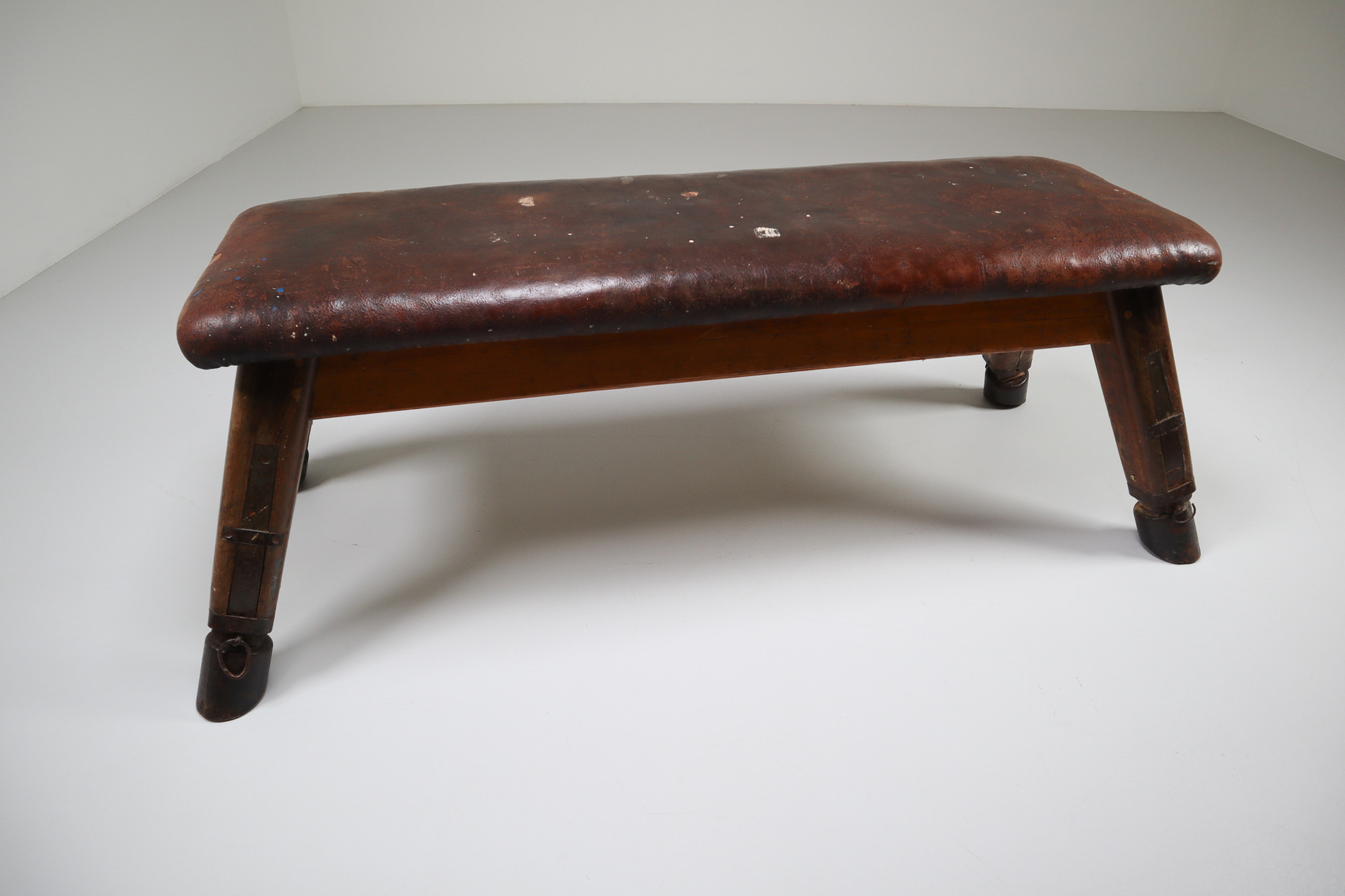 European Vintage Patinated Leather Gym Bench or Table, circa 1950s