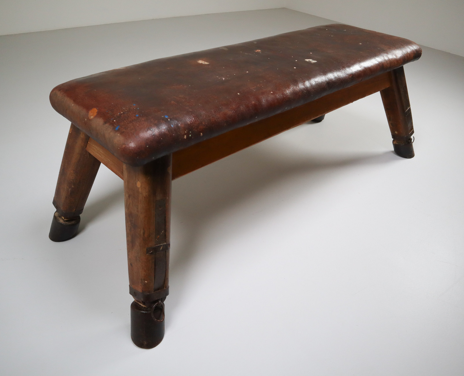 European Vintage Patinated Leather Gym Bench or Table, circa 1950s