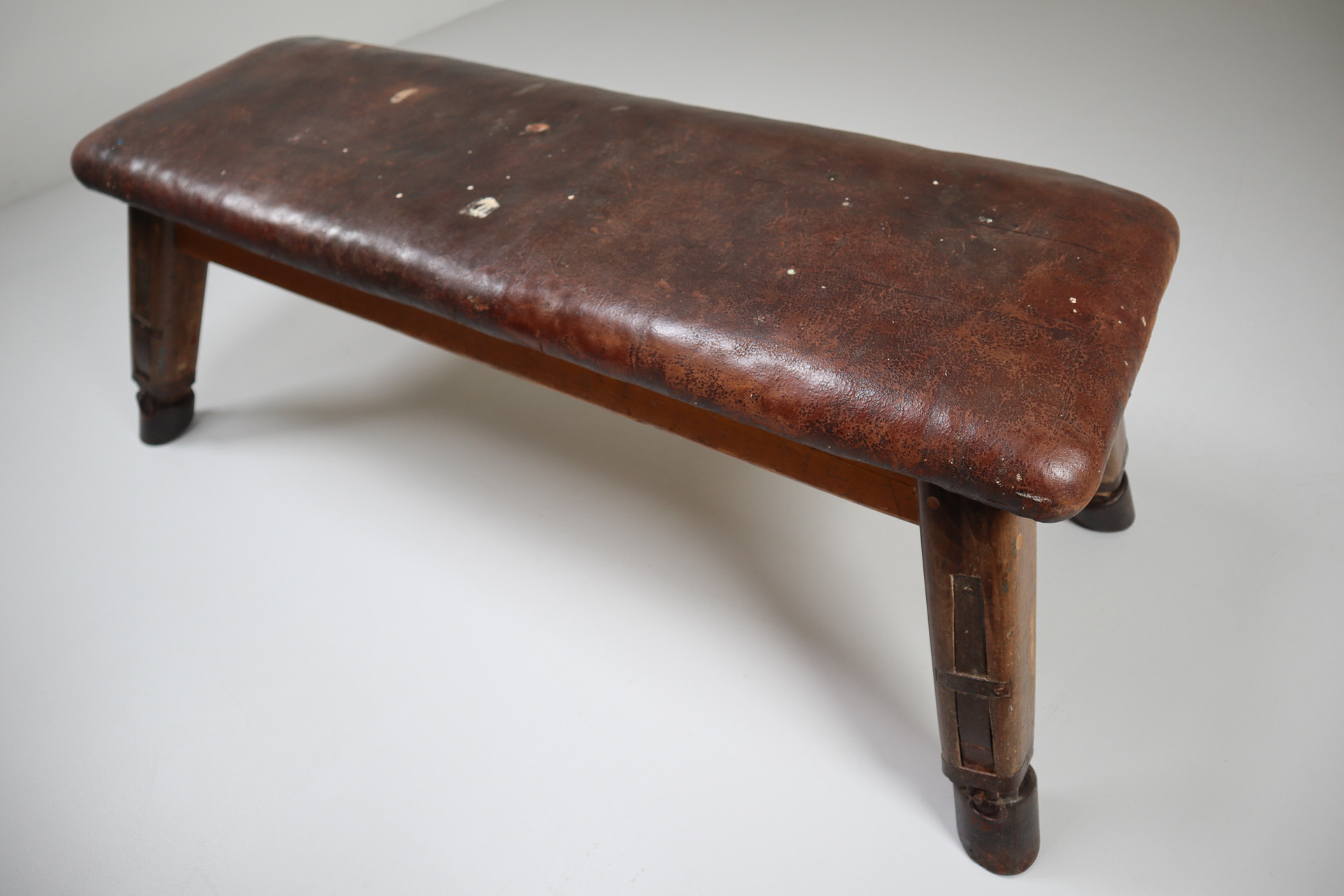 European Vintage Patinated Leather Gym Bench or Table, circa 1950s