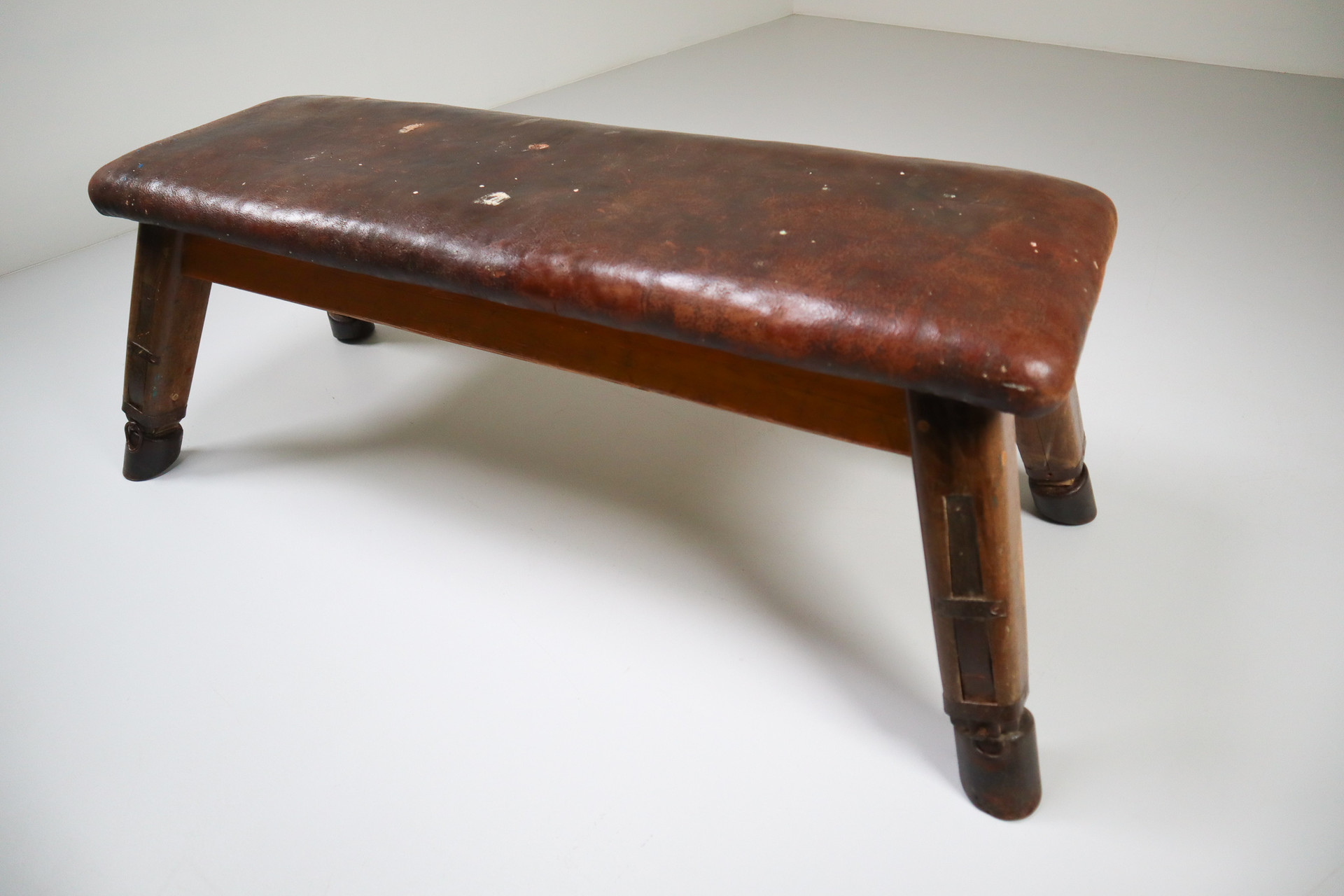 European Vintage Patinated Leather Gym Bench or Table, circa 1950s