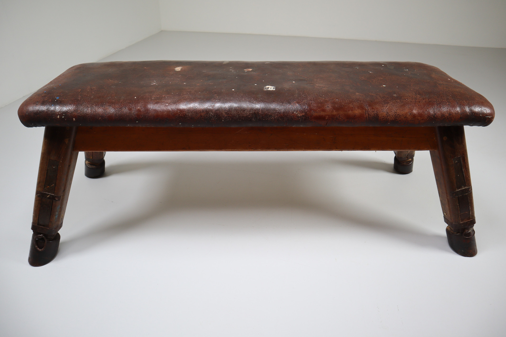 European Vintage Patinated Leather Gym Bench or Table, circa 1950s
