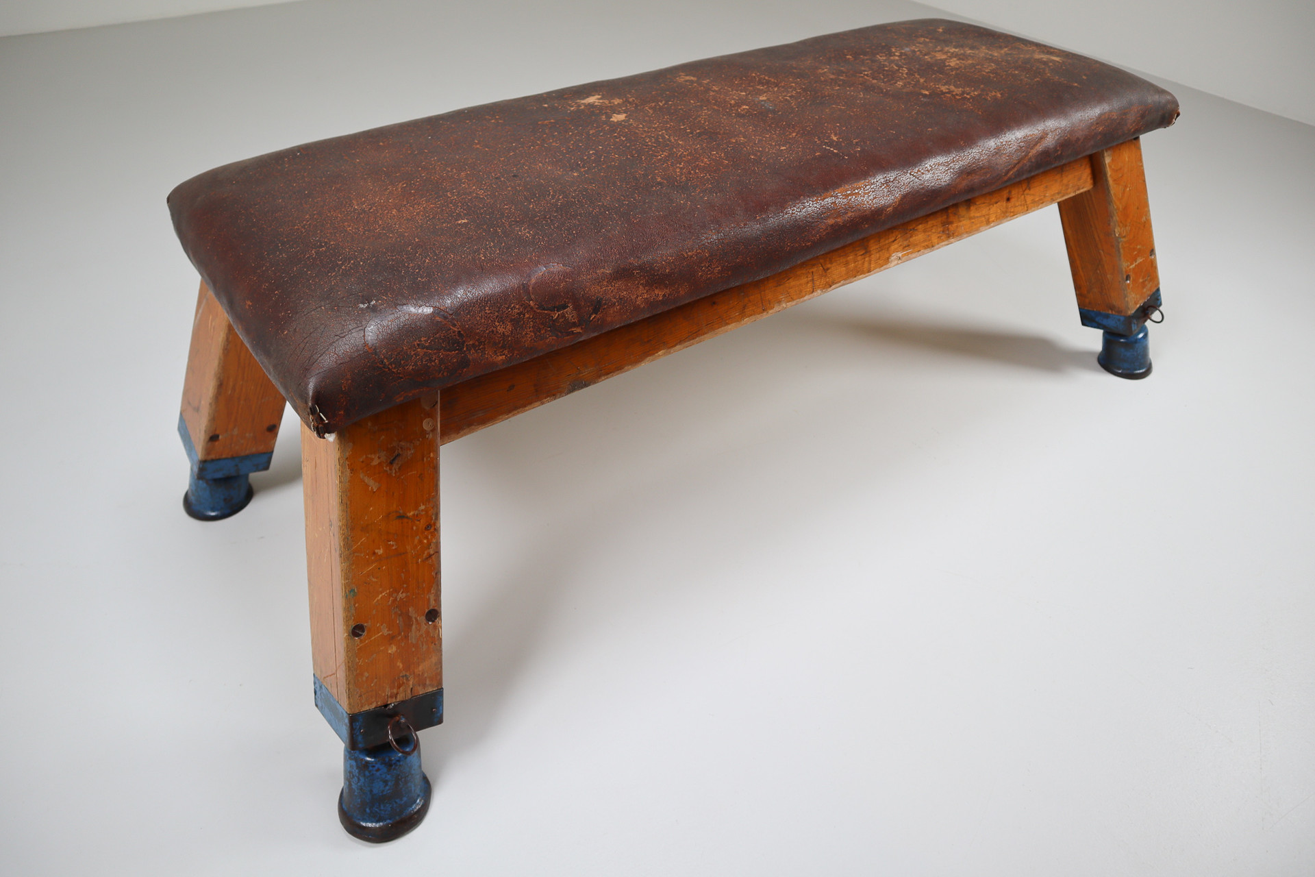 European Vintage Patinated Leather Gym Bench or Table, circa 1950s