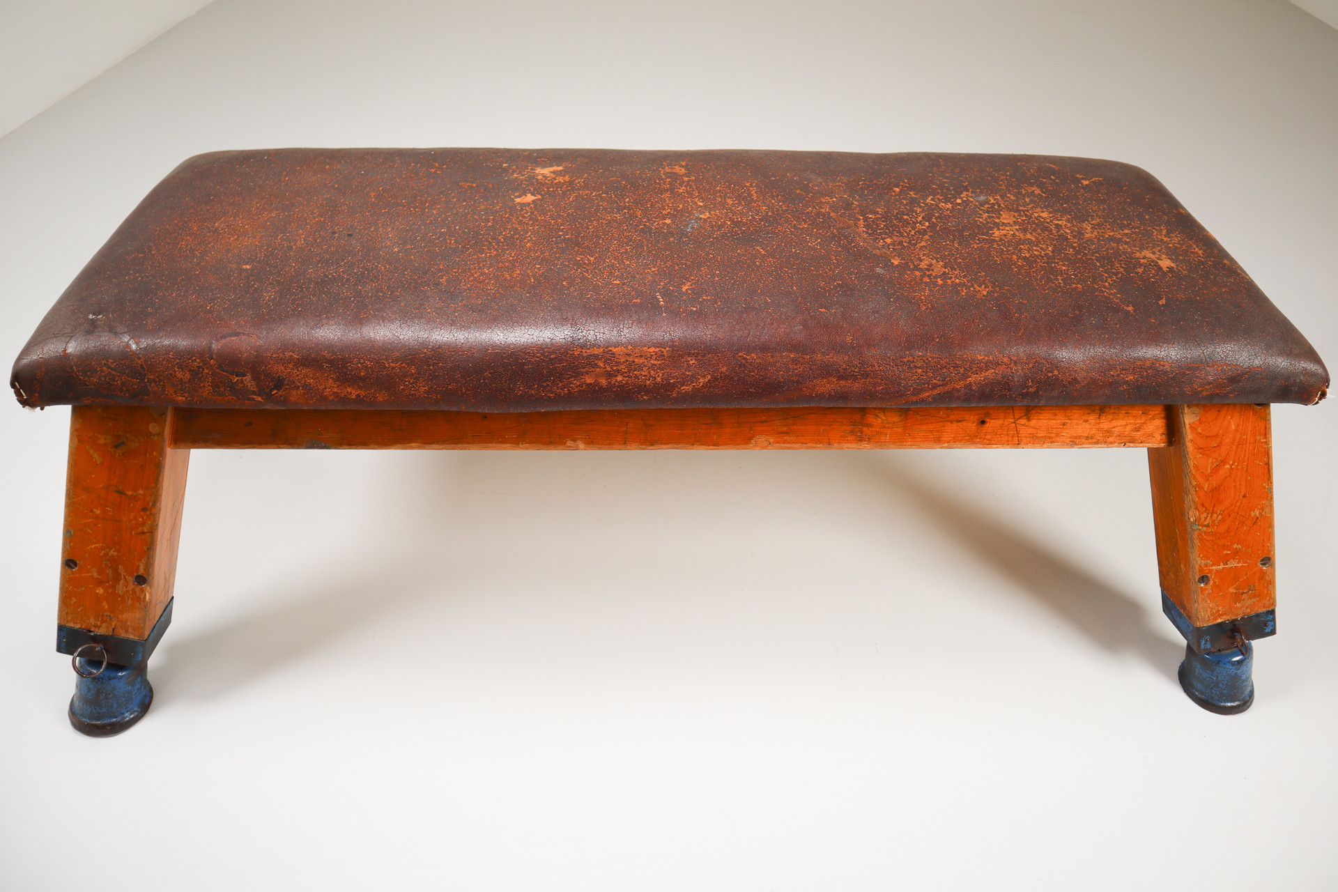 European Vintage Patinated Leather Gym Bench or Table, circa 1950s