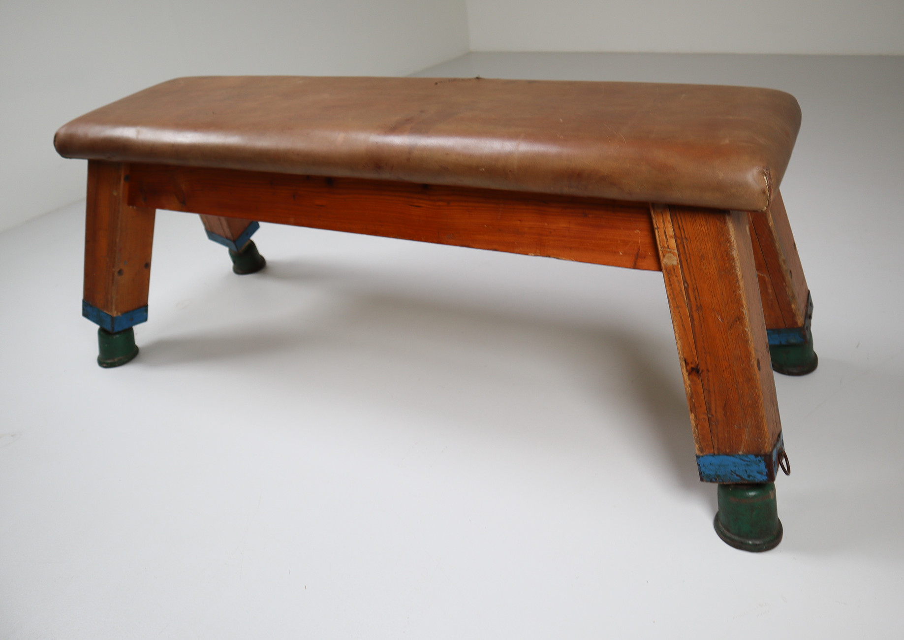 European Vintage Patinated Leather Gym Bench Or Table, Circa 1950s