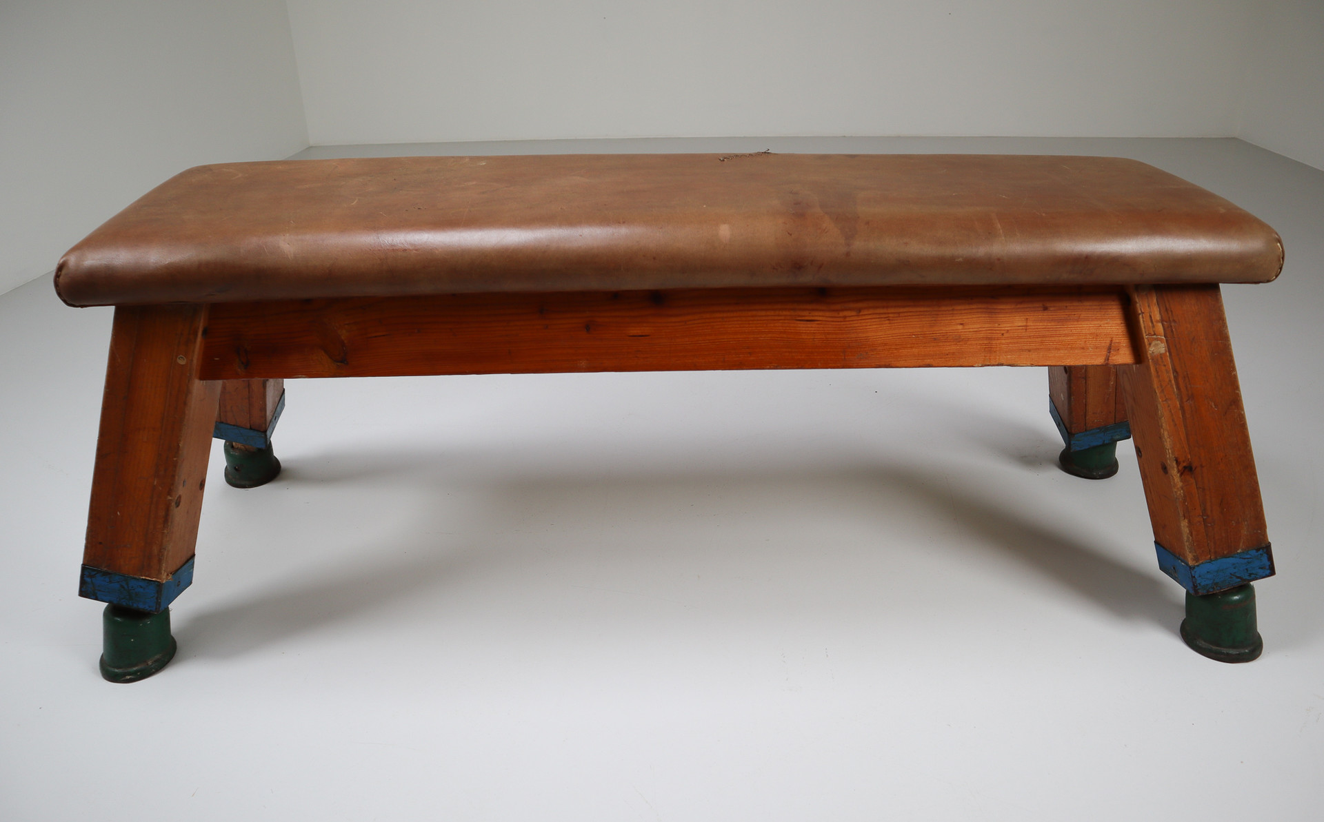 European Vintage Patinated Leather Gym Bench Or Table, Circa 1950s