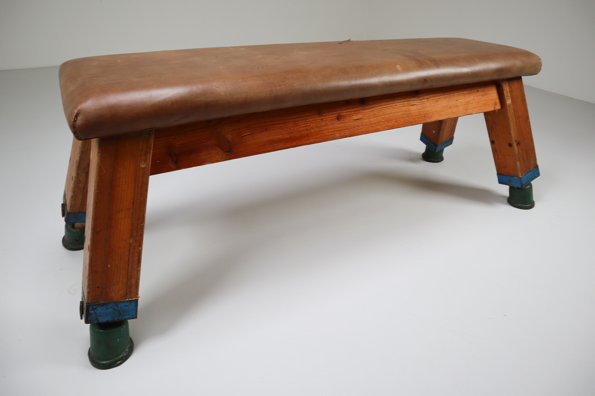 European Vintage Patinated Leather Gym Bench Or Table, Circa 1950s