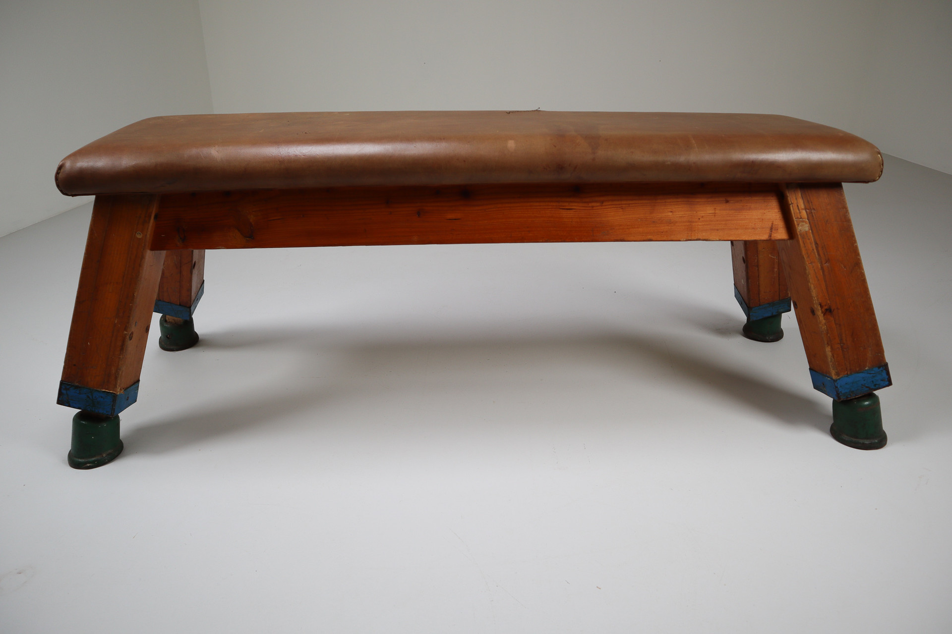 European Vintage Patinated Leather Gym Bench Or Table, Circa 1950s