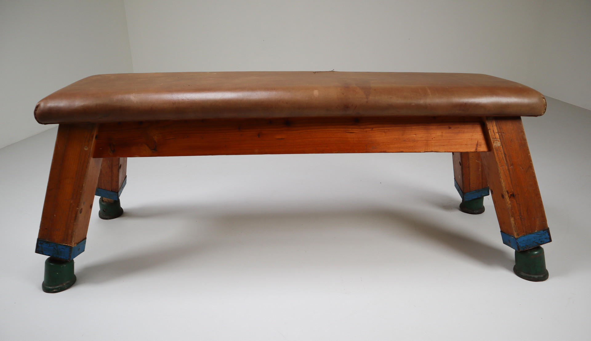 European Vintage Patinated Leather Gym Bench Or Table, Circa 1950s