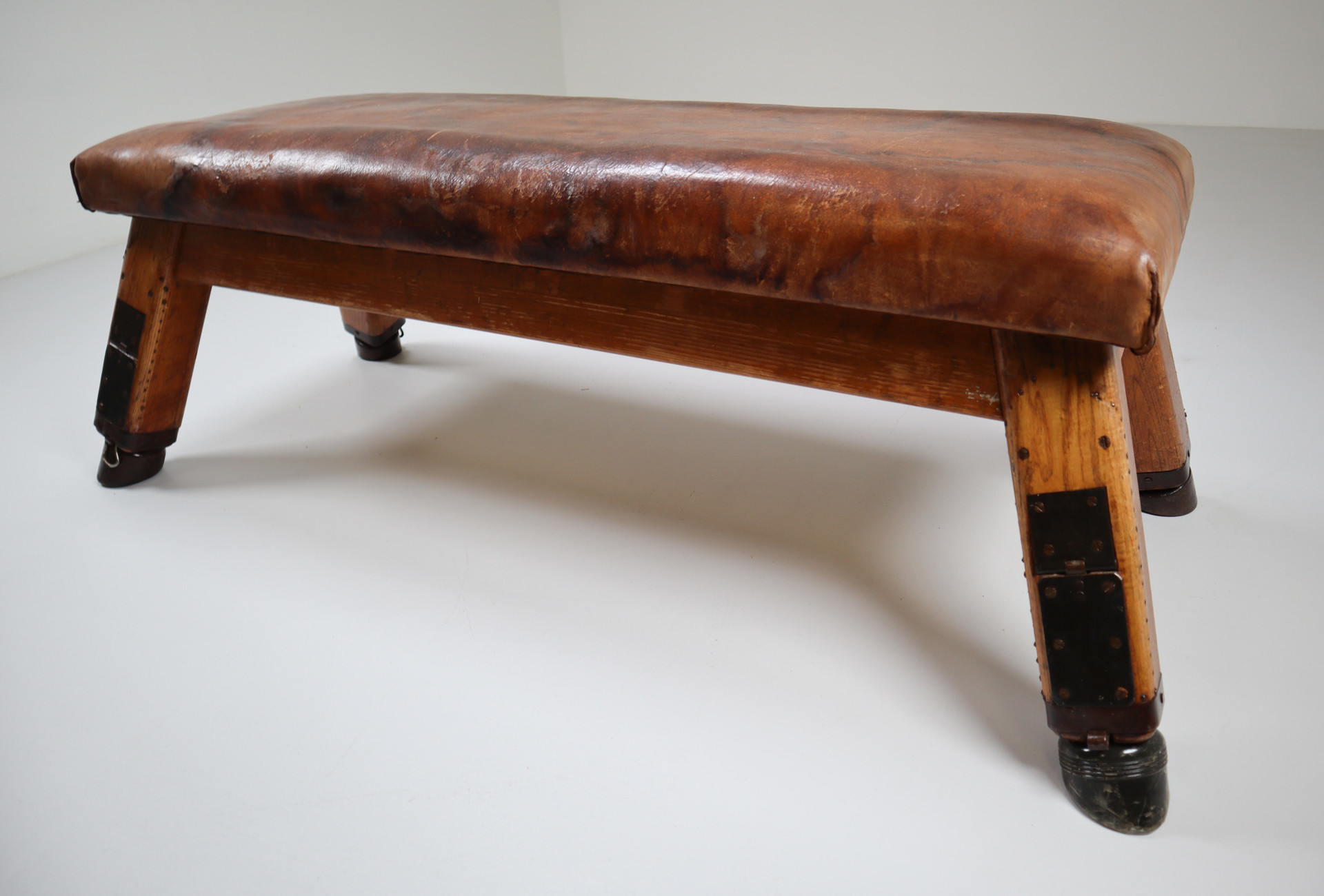 European Vintage Patinated Leather Gym Bench Or Table, Circa 1950s 