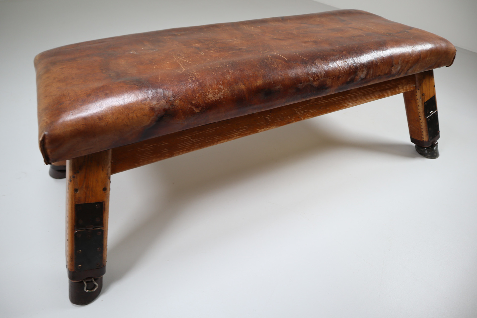 European Vintage Patinated Leather Gym Bench Or Table, Circa 1950s 