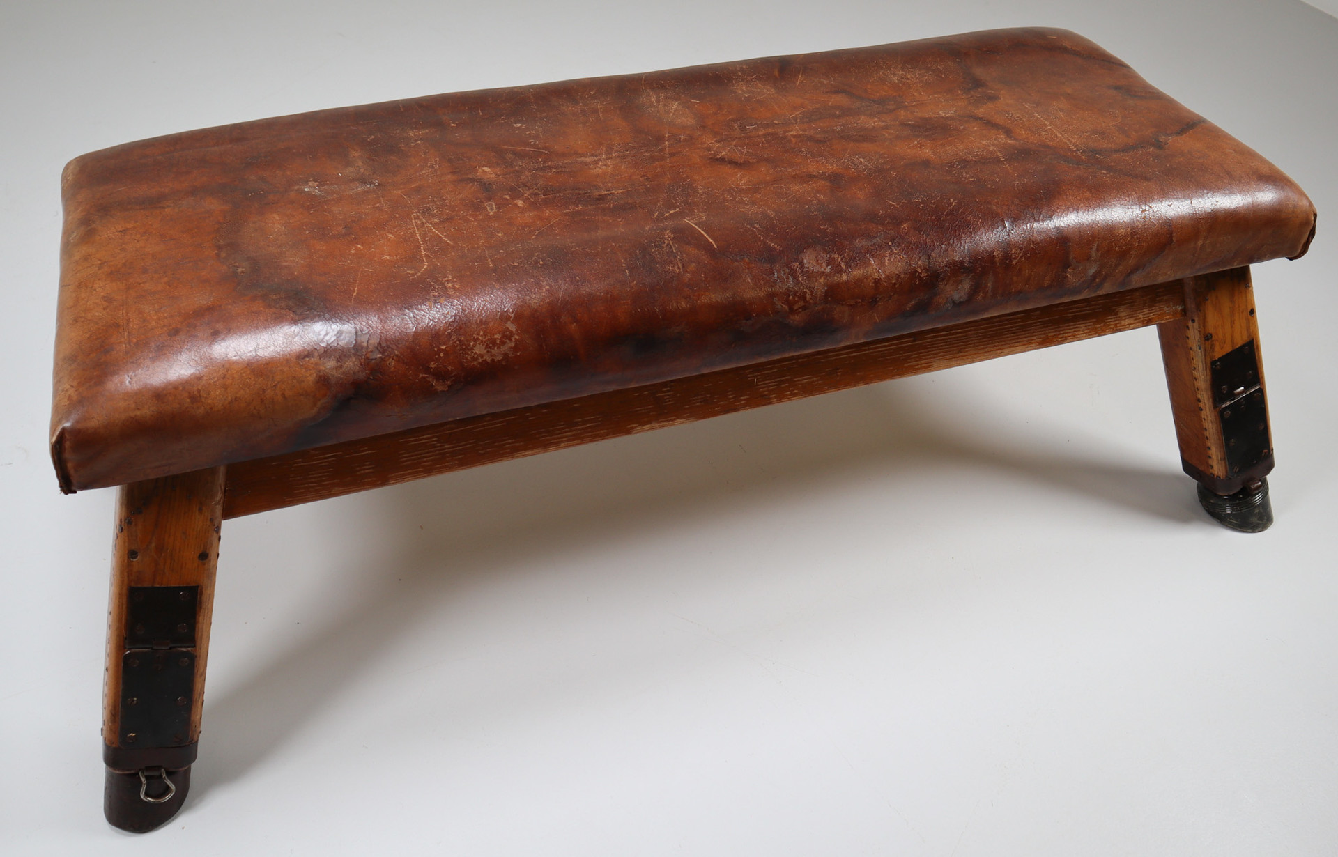 European Vintage Patinated Leather Gym Bench Or Table, Circa 1950s 