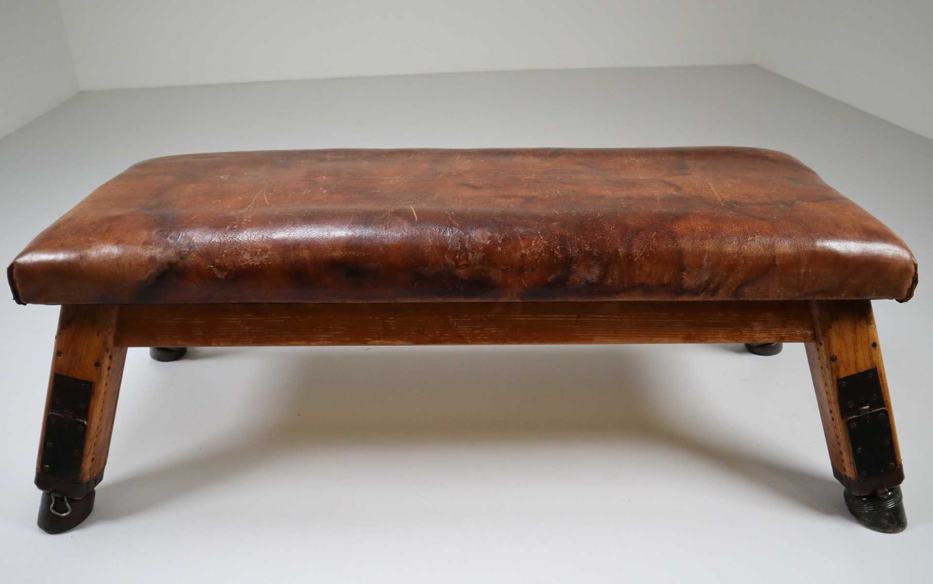 European Vintage Patinated Leather Gym Bench Or Table, Circa 1950s 