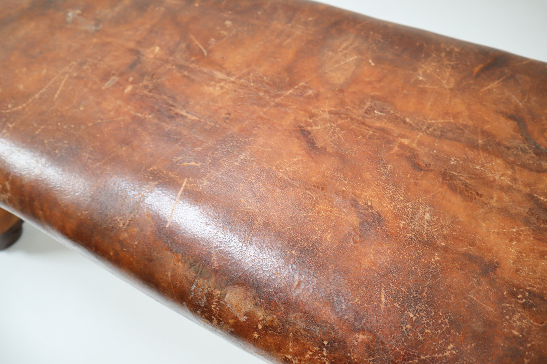 European Vintage Patinated Leather Gym Bench Or Table, Circa 1950s 