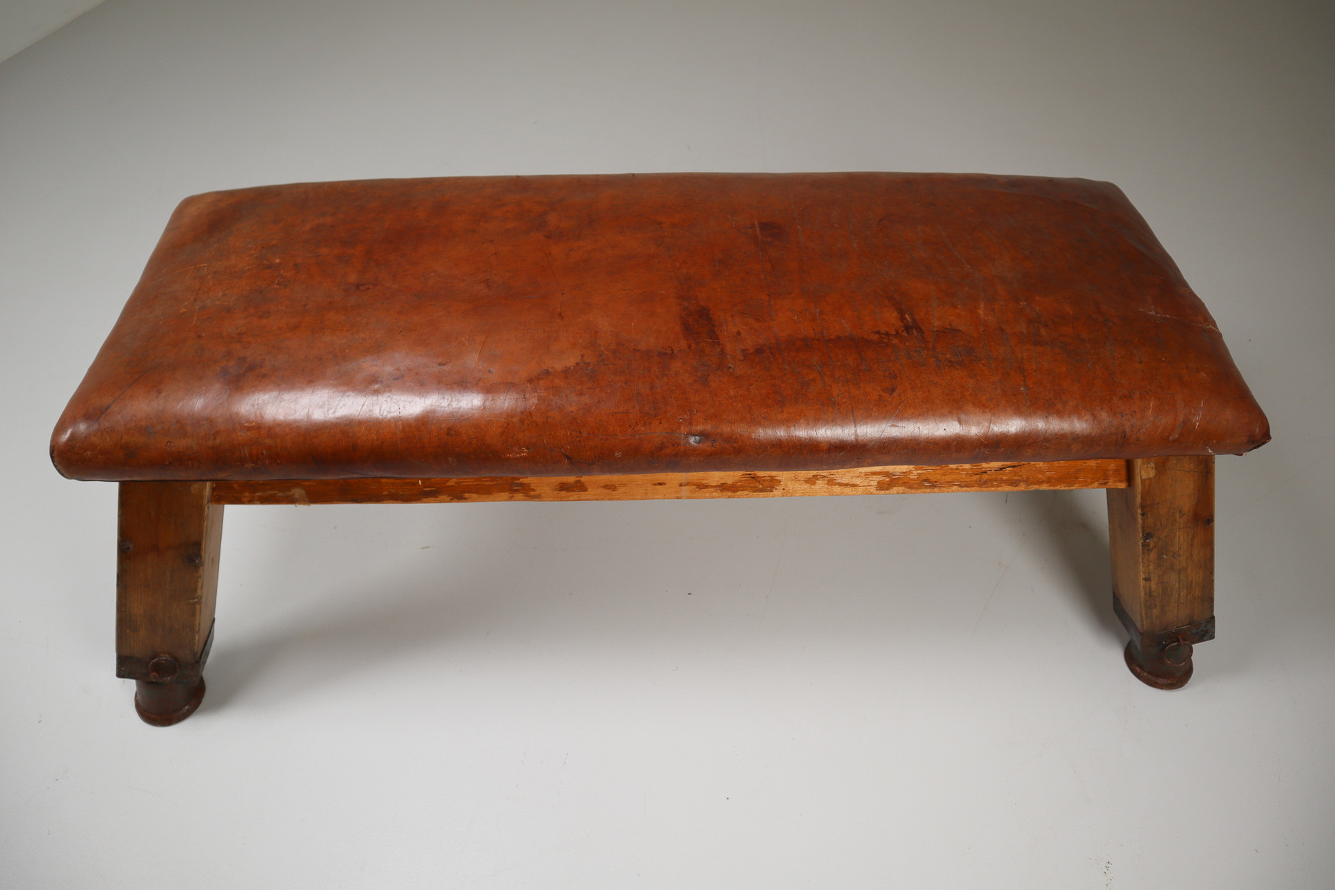 European Vintage Patinated Leather Gym Bench Or Table, Circa 1950s Early-20th century