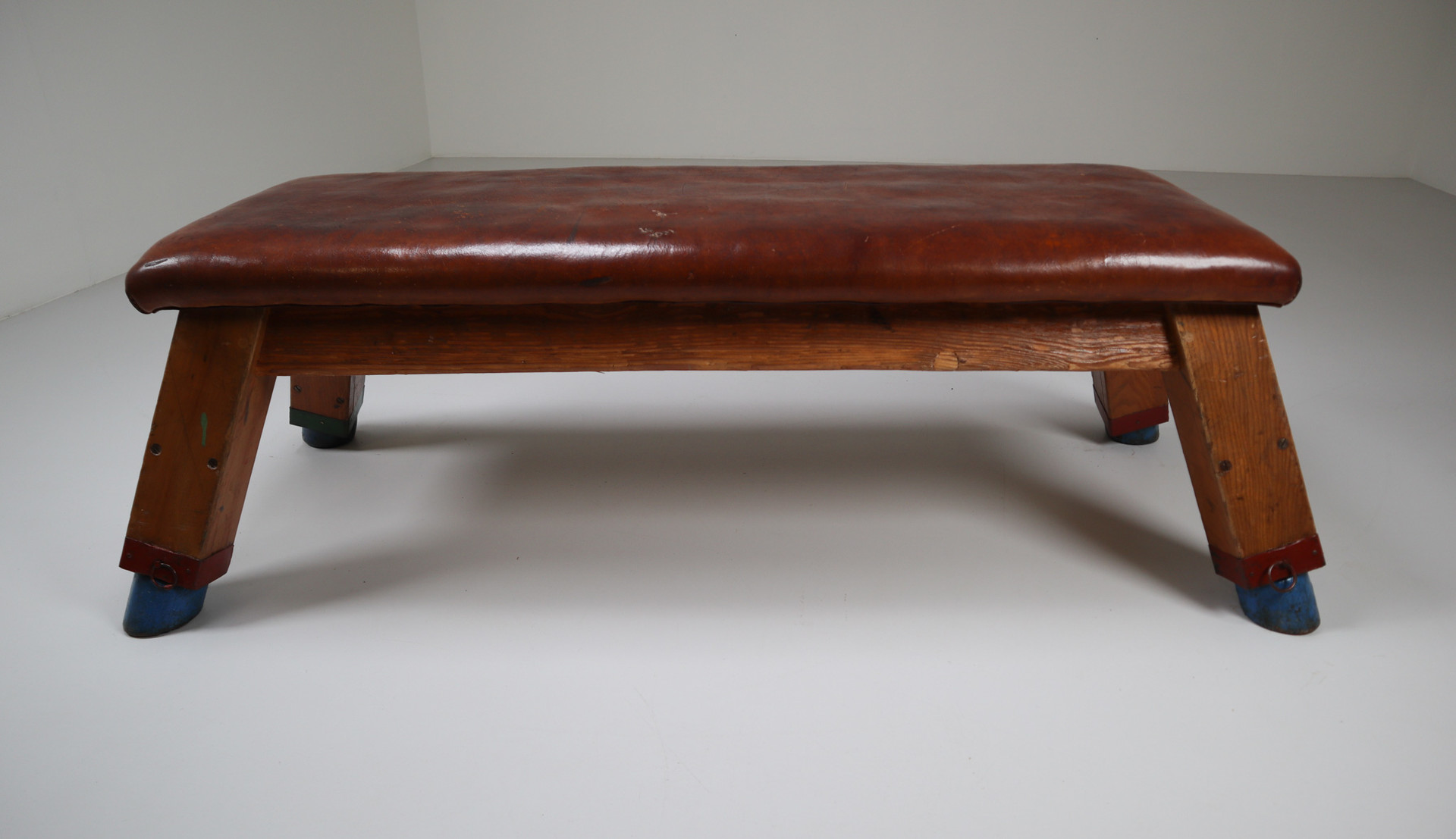 European Vintage Patinated Leather Gym Bench or Table, circa 1950s Mid-20th century