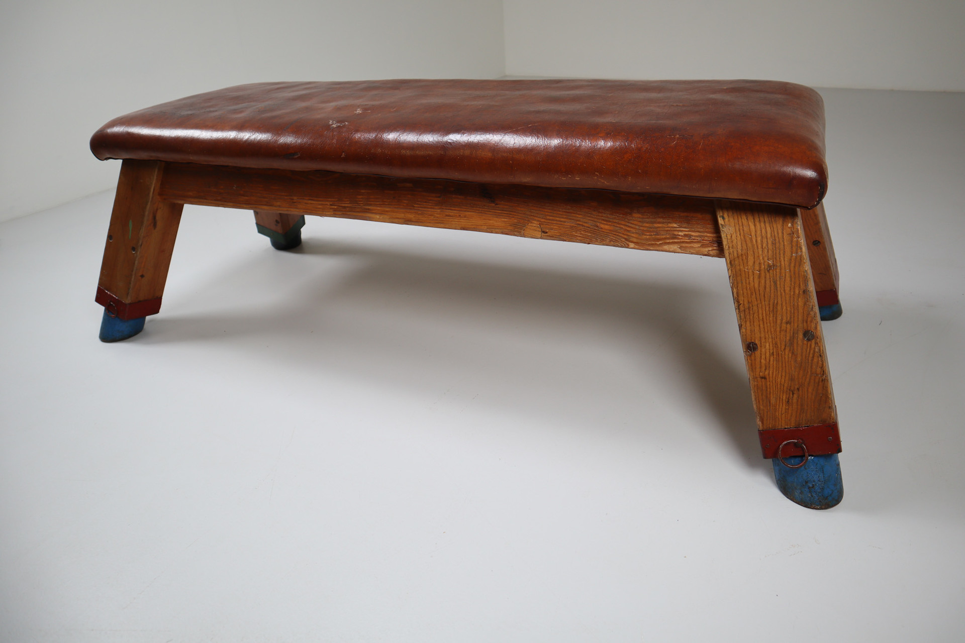 European Vintage Patinated Leather Gym Bench or Table, circa 1950s Mid-20th century