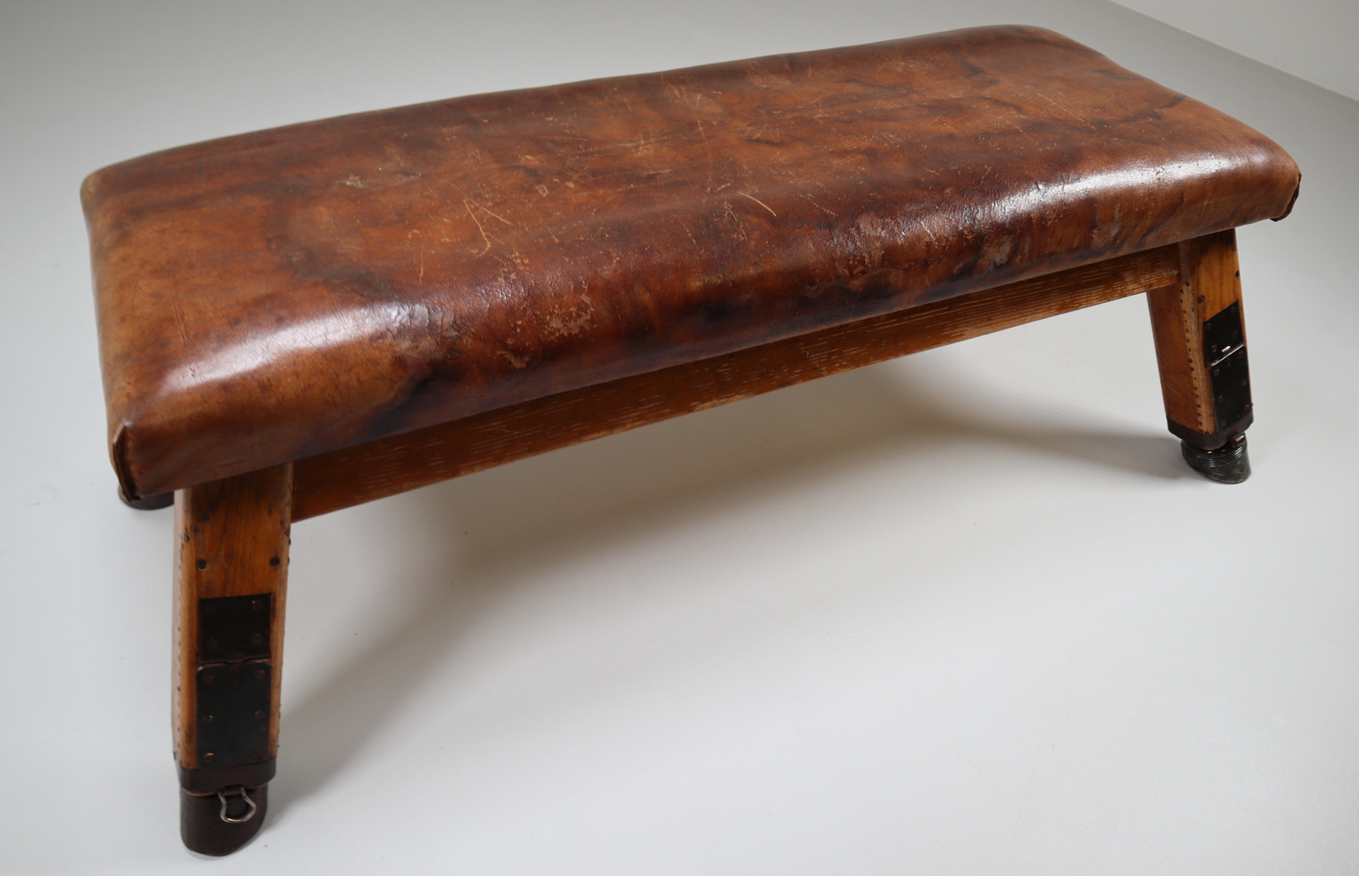European Vintage Patinated Leather Gym Bench or Table, circa 1950s Mid-20th century