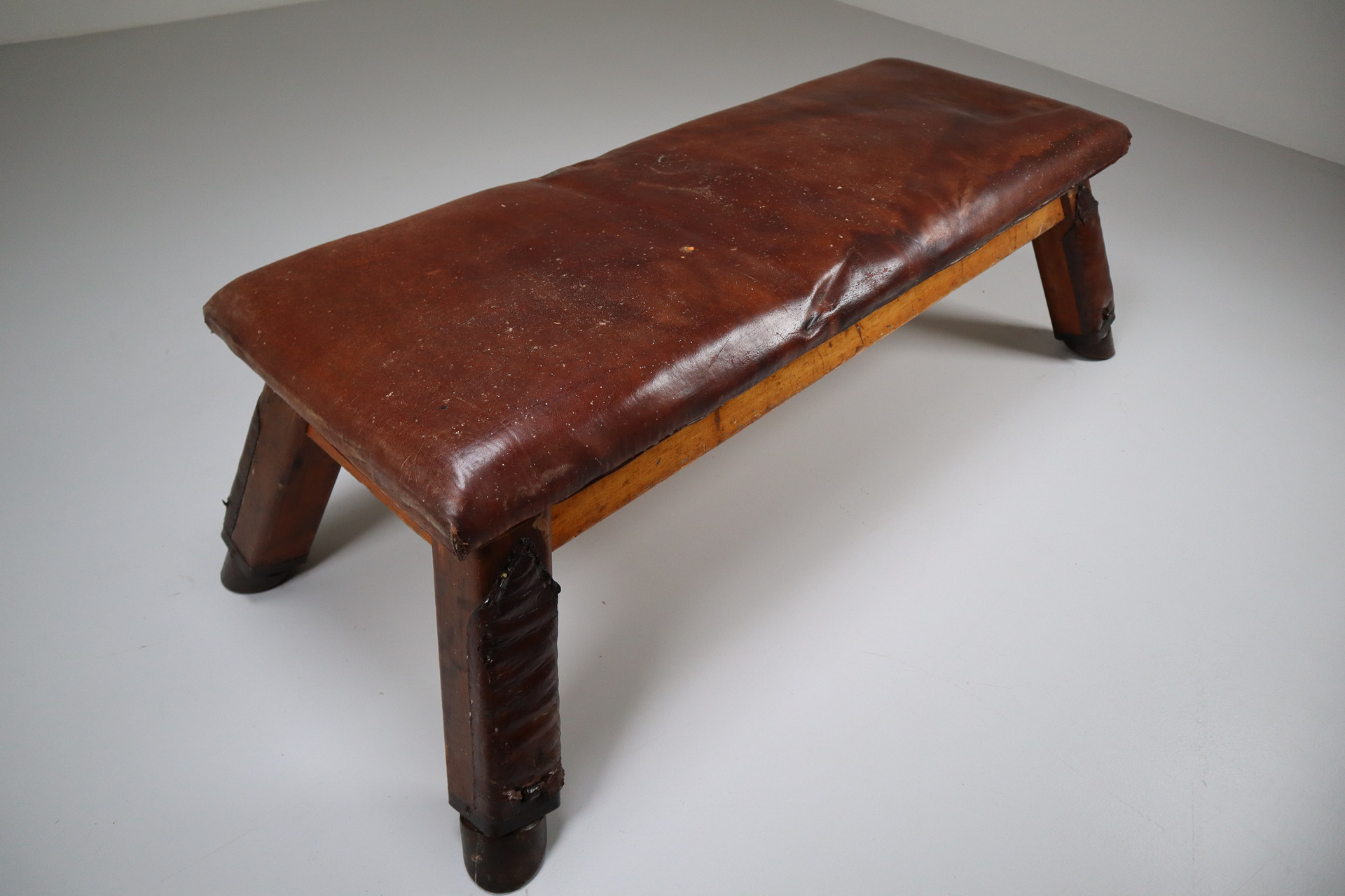 European Vintage Patinated Leather Gym Bench or Table, circa 1950s Mid-20th century