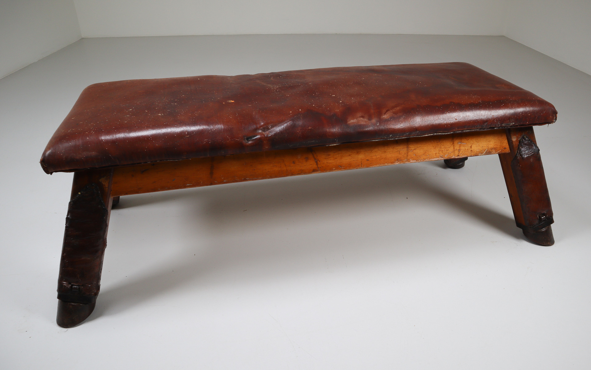 European Vintage Patinated Leather Gym Bench or Table, circa 1950s Mid-20th century