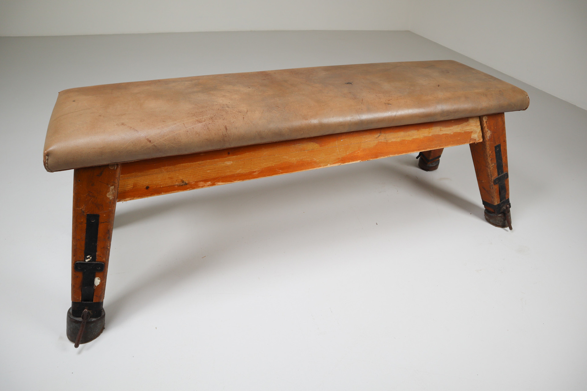 European Vintage Patinated Leather Gym Bench or Table, circa 1950s Mid-20th century