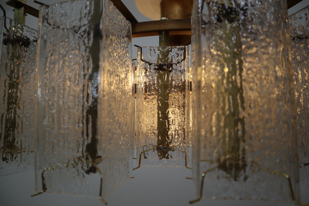 Extreme Large Midcentury Chandeliers in Structured Glass and Brass from Europe
