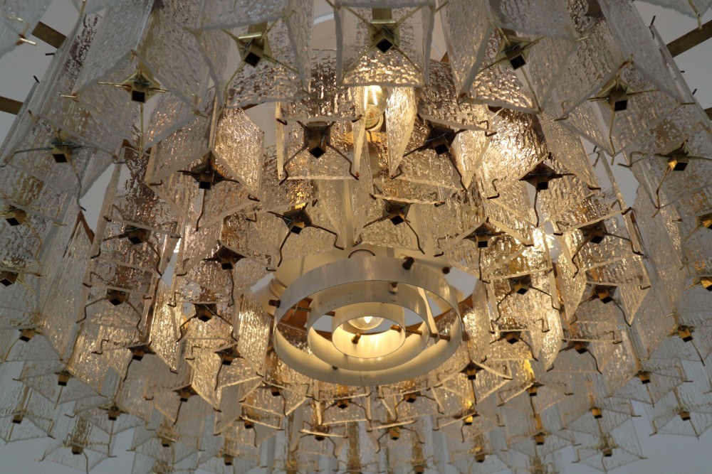 Extreme Large Midcentury Chandeliers in Structured Glass and Brass from Europe