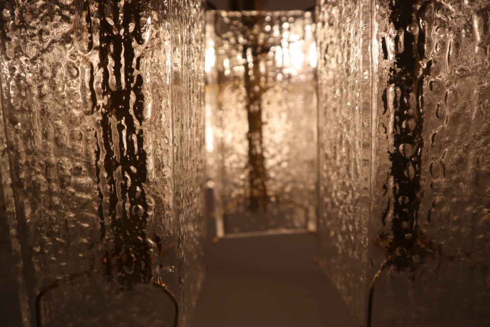 Extreme Large Midcentury Chandeliers in Structured Glass and Brass from Europe