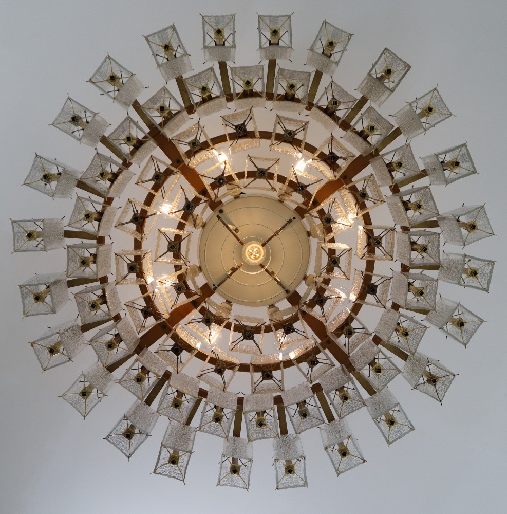 Extreme Large Midcentury Chandeliers in Structured Glass and Brass from Europe