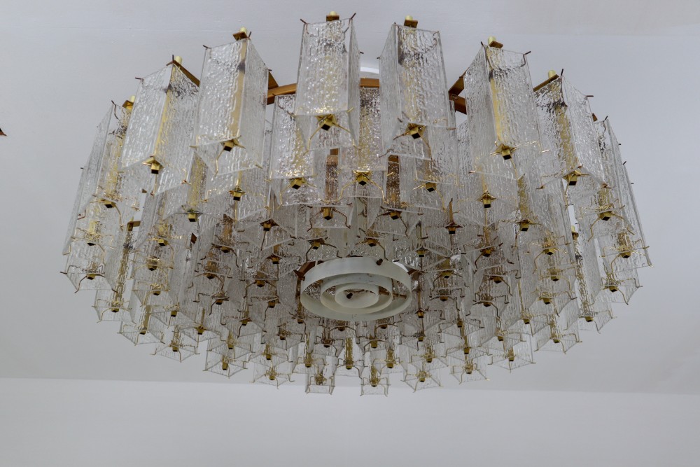Extreme Large Midcentury Chandeliers in Structured Glass and Brass from Europe