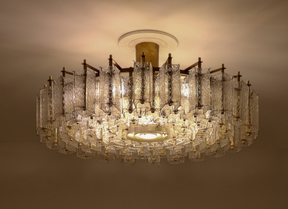 Extreme Large Midcentury Chandeliers in Structured Glass and Brass from Europe