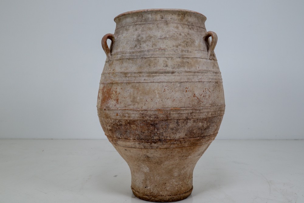 Extreme Large Three-Handled Painted Terracotta Urn From The Early-20th Century.