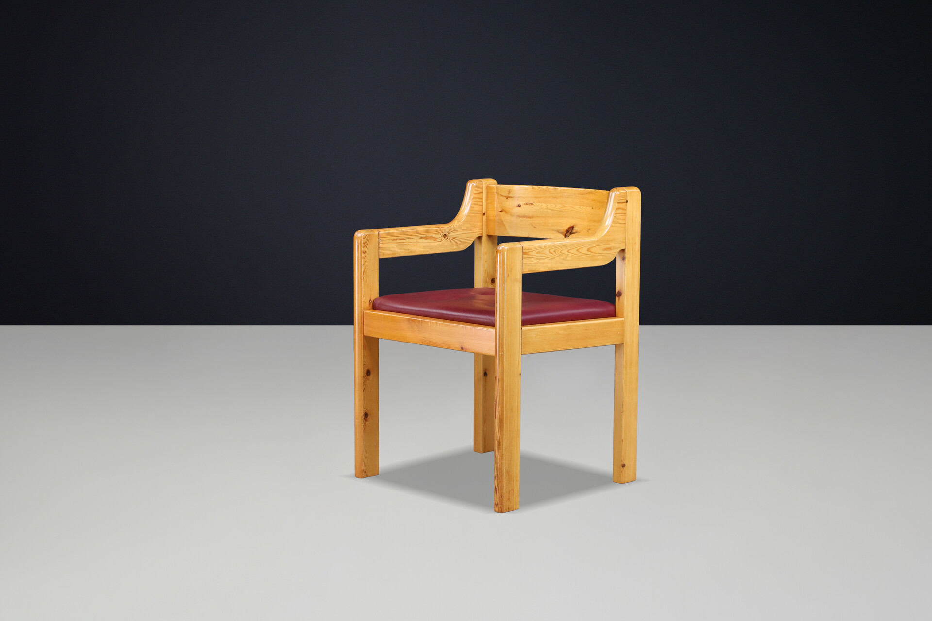 French Alpine Chalet Dining Chairs in Solid Pine with Red Leather Seats 1970s Late-20th century