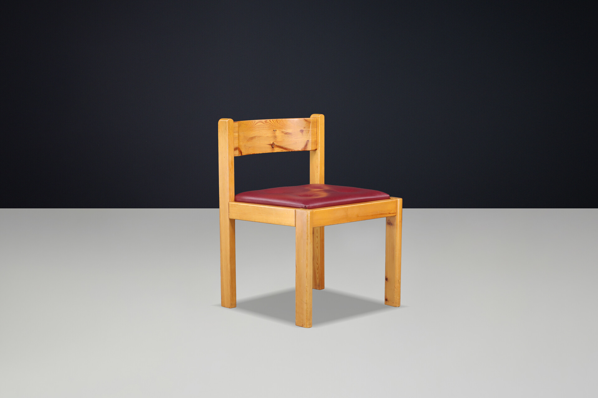 French Alpine Chalet Dining Chairs in Solid Pine with Red Leather Seats 1970s Late-20th century