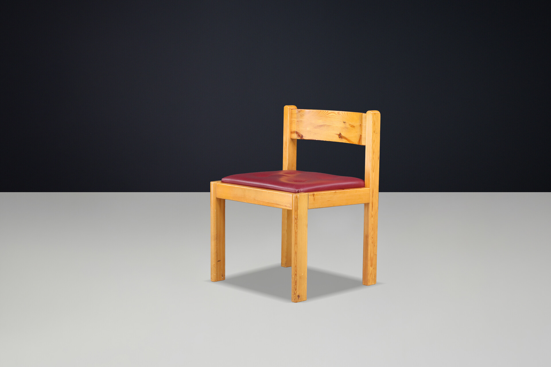 French Alpine Chalet Dining Chairs in Solid Pine with Red Leather Seats 1970s Late-20th century