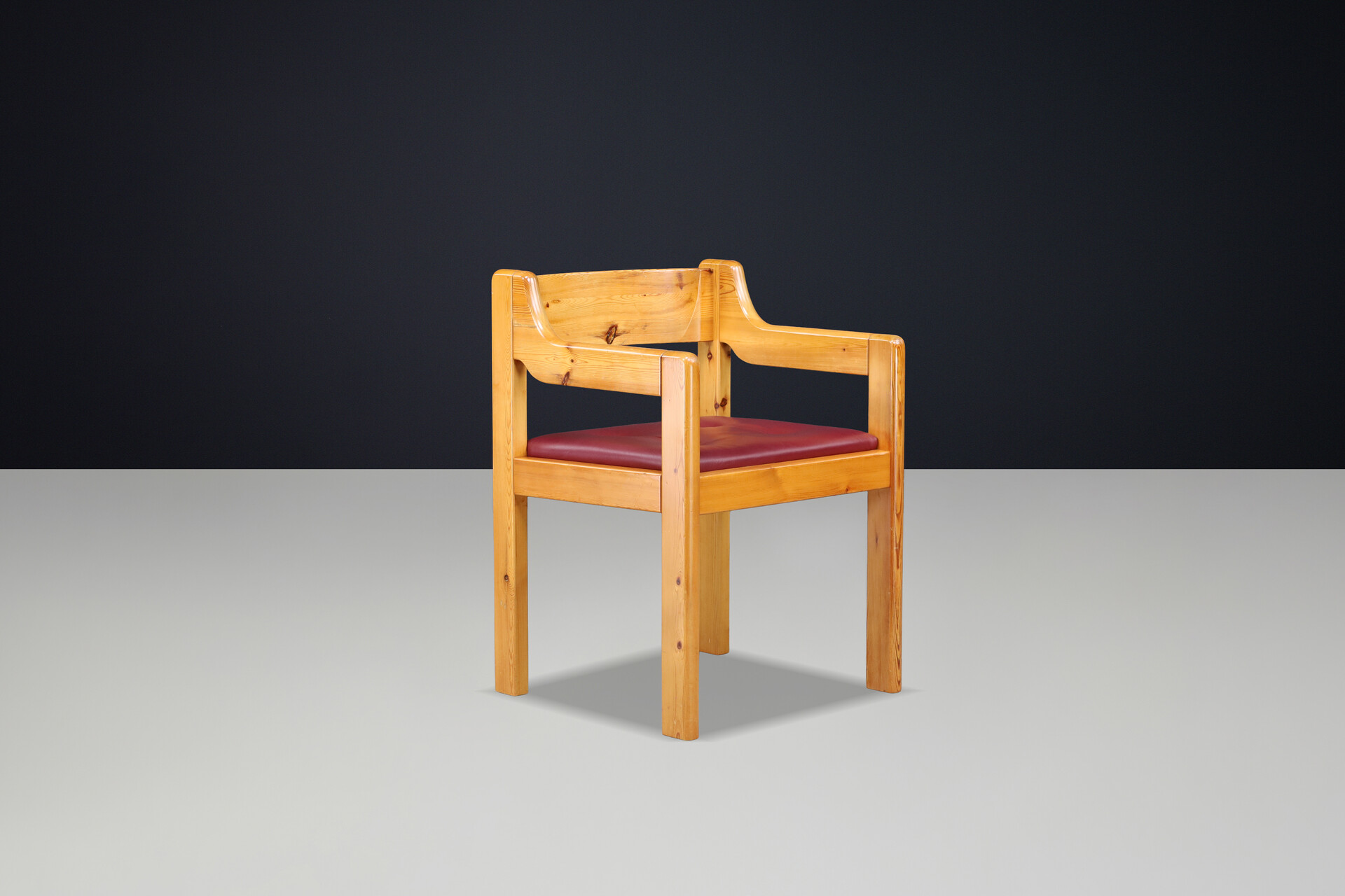 French Alpine Chalet Dining Chairs in Solid Pine with Red Leather Seats 1970s Late-20th century