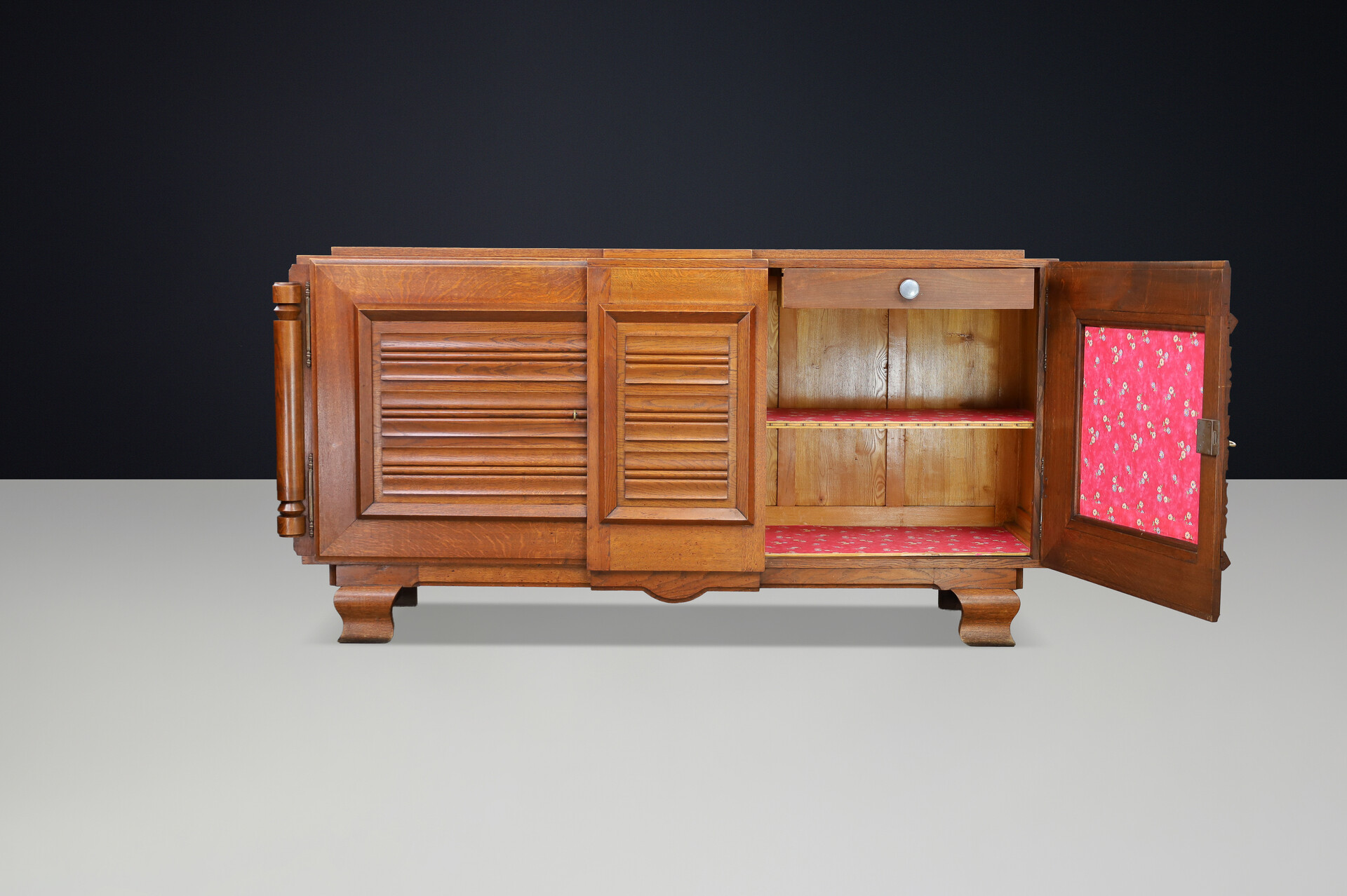 French Art Deco Patinated Oak Sideboard with Relief Carved Doors, 1940s Early-20th century