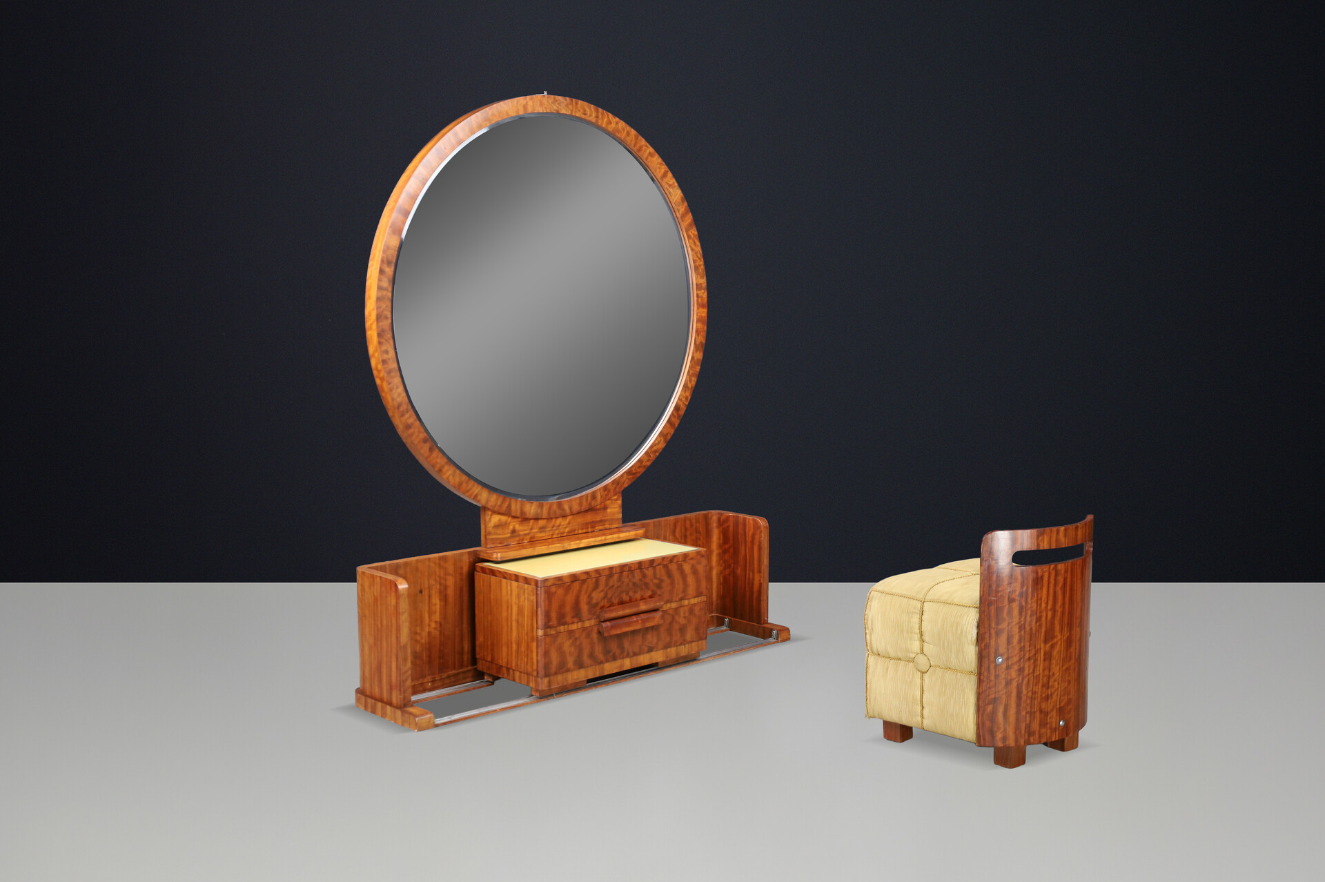 French Art Deco Vanity with Sliding Center Cabinet and Stool, 1930s Early-20th century