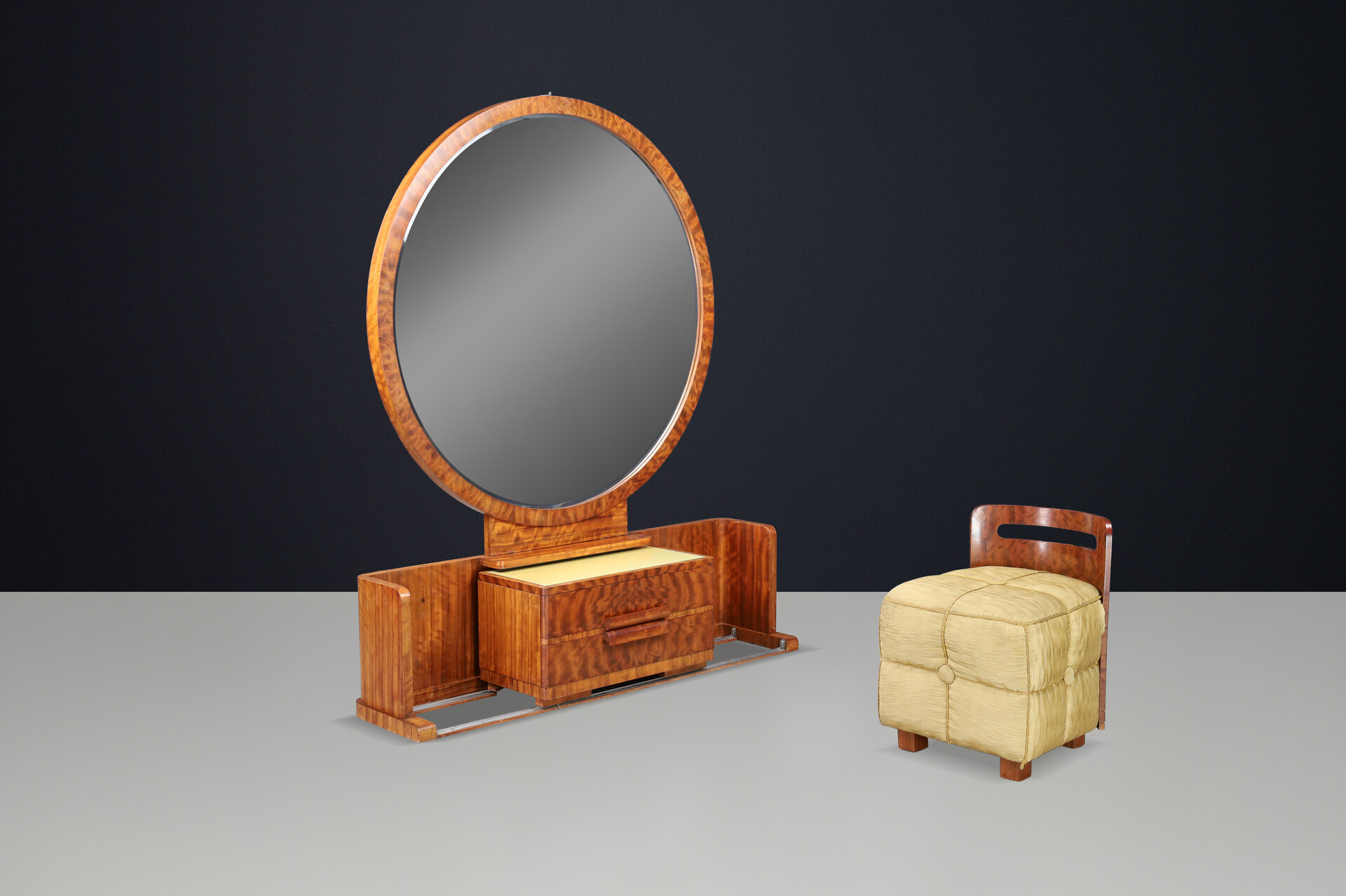 French Art Deco Vanity with Sliding Center Cabinet and Stool, 1930s Early-20th century