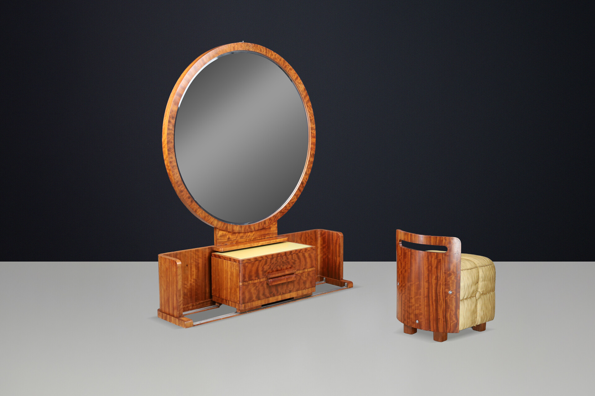 French Art Deco Vanity with Sliding Center Cabinet and Stool, 1930s Early-20th century