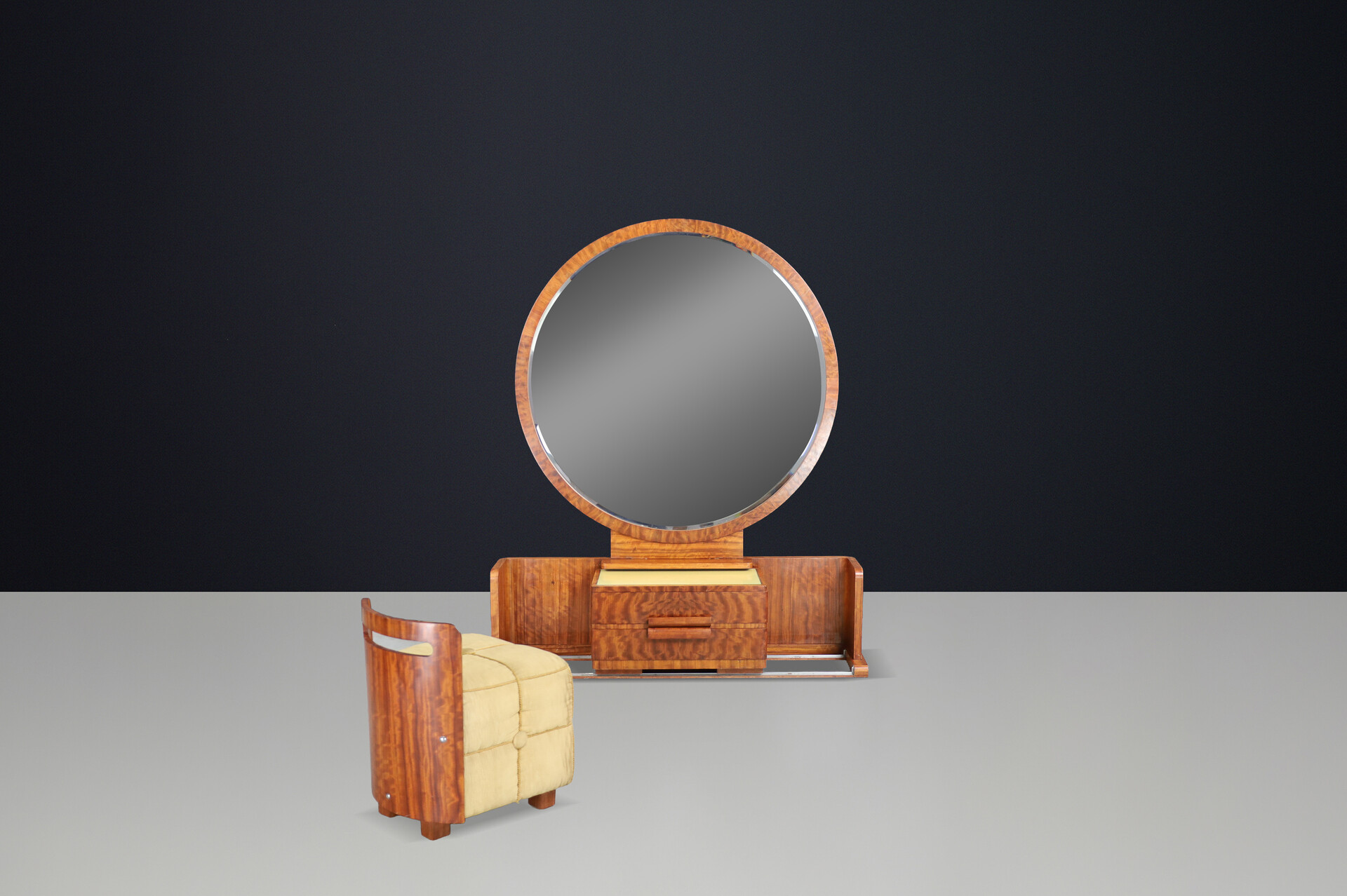 French Art Deco Vanity with Sliding Center Cabinet and Stool, 1930s Early-20th century